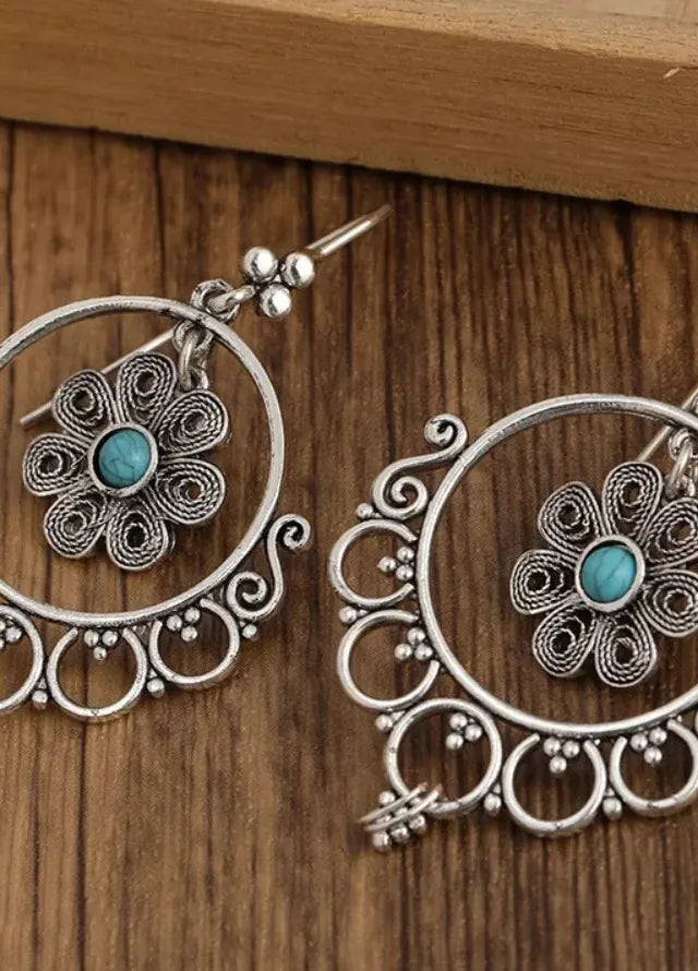 Vintage Blue Flower Hollow Drop Earrings Zinc Alloy Silver Plated Bohemian Gift