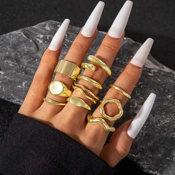 10Pcs Women's Chunky Gold Star Rings Set Geometric Fashion Jewelry