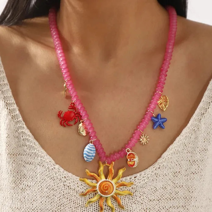 Bohemian Sunflower Starfish Pendant Necklace for Women Ocean Jewelry Gift