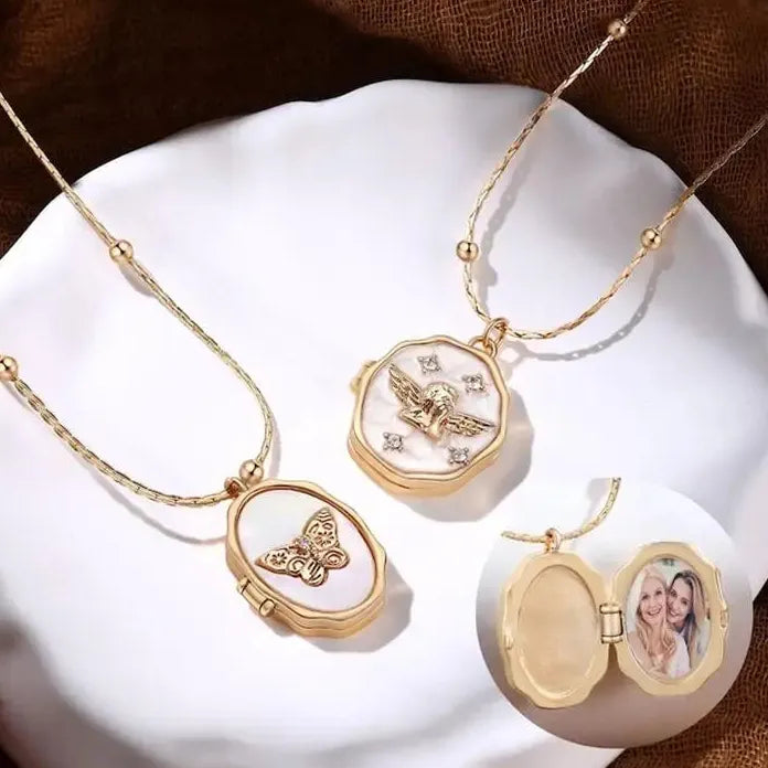 Angel Locket Necklace Photo Butterfly Frame Stainless Steel Memorial Gift