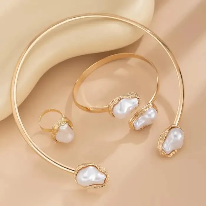Vintage Baroque Pearl Necklace Bracelet Ring Set Gold Jewelry Gift Elegant