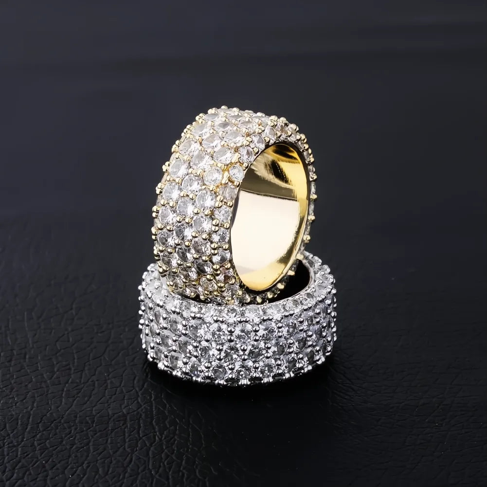 5 Row Iced Out CZ Bling Ring – Gold Silver Color Hip Hop Ring for Men