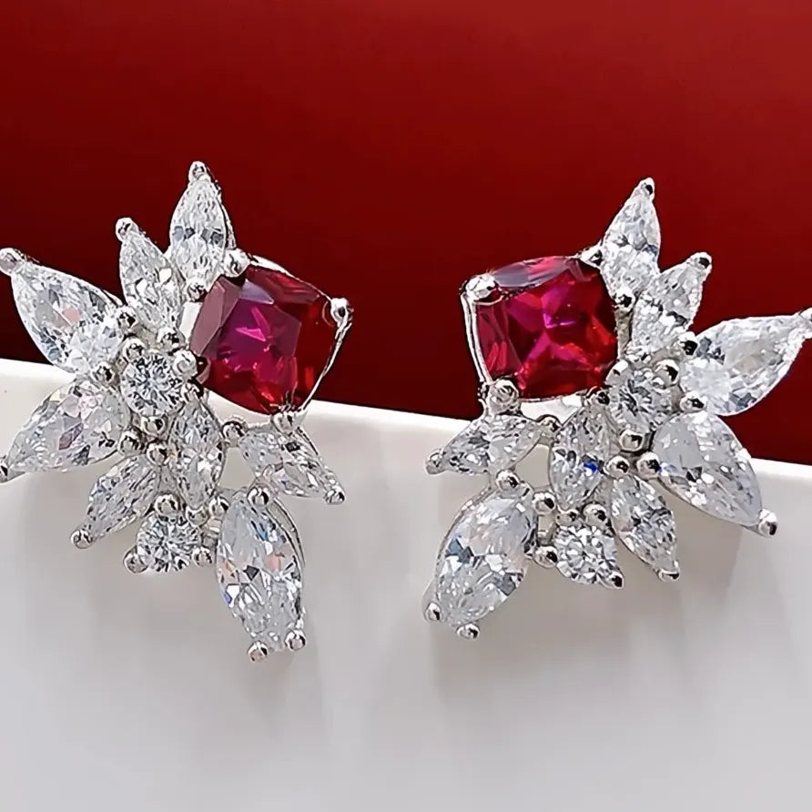 Luxury Red Geometric Cubic Zirconia Stud Earrings for Women Jewelry