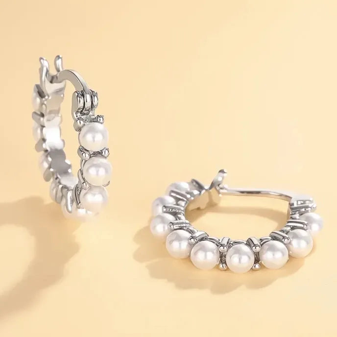 Elegant Geometric Simulated Pearl Hoop Earrings for Women Silver Color Brass Alloy Jewelry
