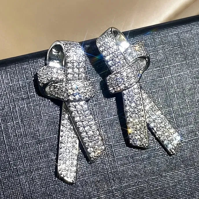 Bow Shaped Stud Earrings for Women Silver Color Sparkling Cubic Zirconia Fashion Jewelry
