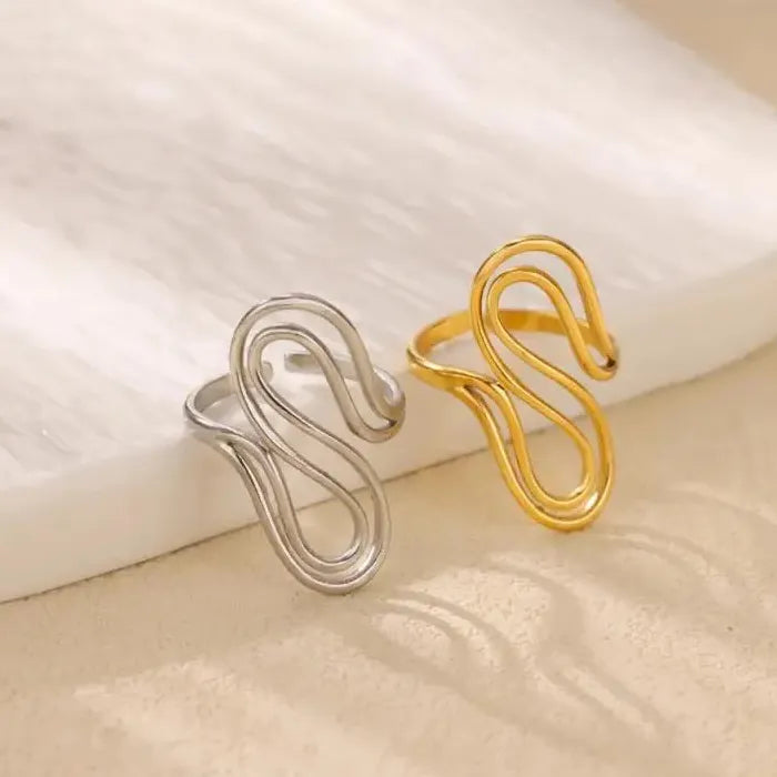 18K Gold Color Stainless Steel Double S-Shaped Waterproof Cocktail Ring for Women Men