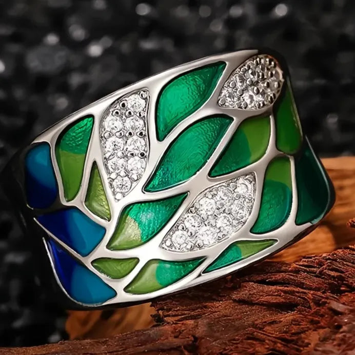 Bohemia Style Green Leaf Enamel Ring for Women Charming Birthday Gift