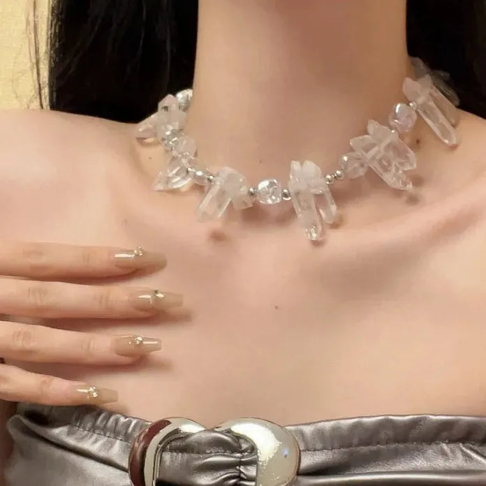 Natural Crystal Irregular Geometric Pendant Necklace Metal Choker Unisex