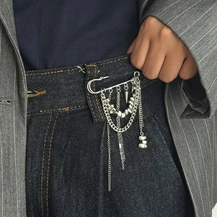 Geometric Zinc Alloy Brooch Tassel Beaded Trouser Fastener for Women Men