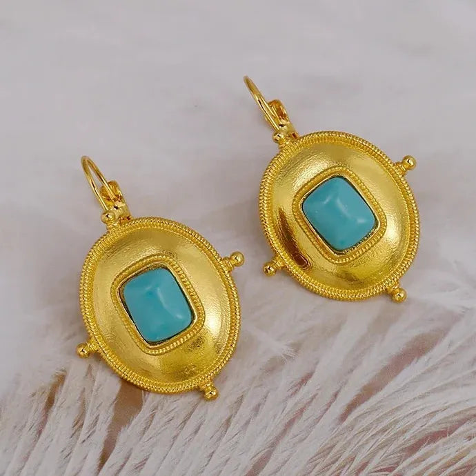 Vintage Gold Color Ornate Zinc Alloy Drop Earrings Women Ethnic Turquoise