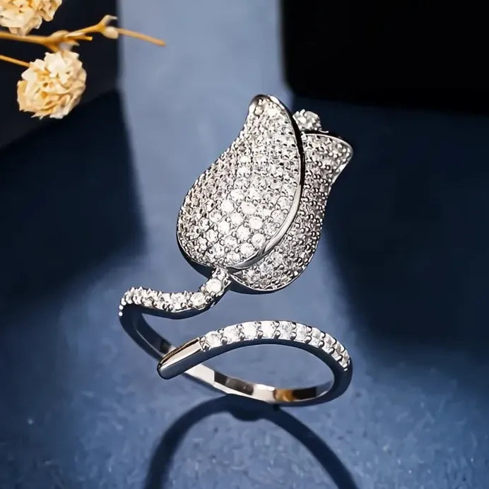 Adjustable Tulip-Shaped Women’s Ring with CZ Brass Flower Design