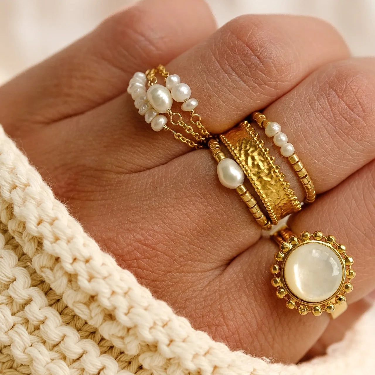 18k Gold Plated Stainless Steel Freshwater Pearl Ring for Women Bride Gift