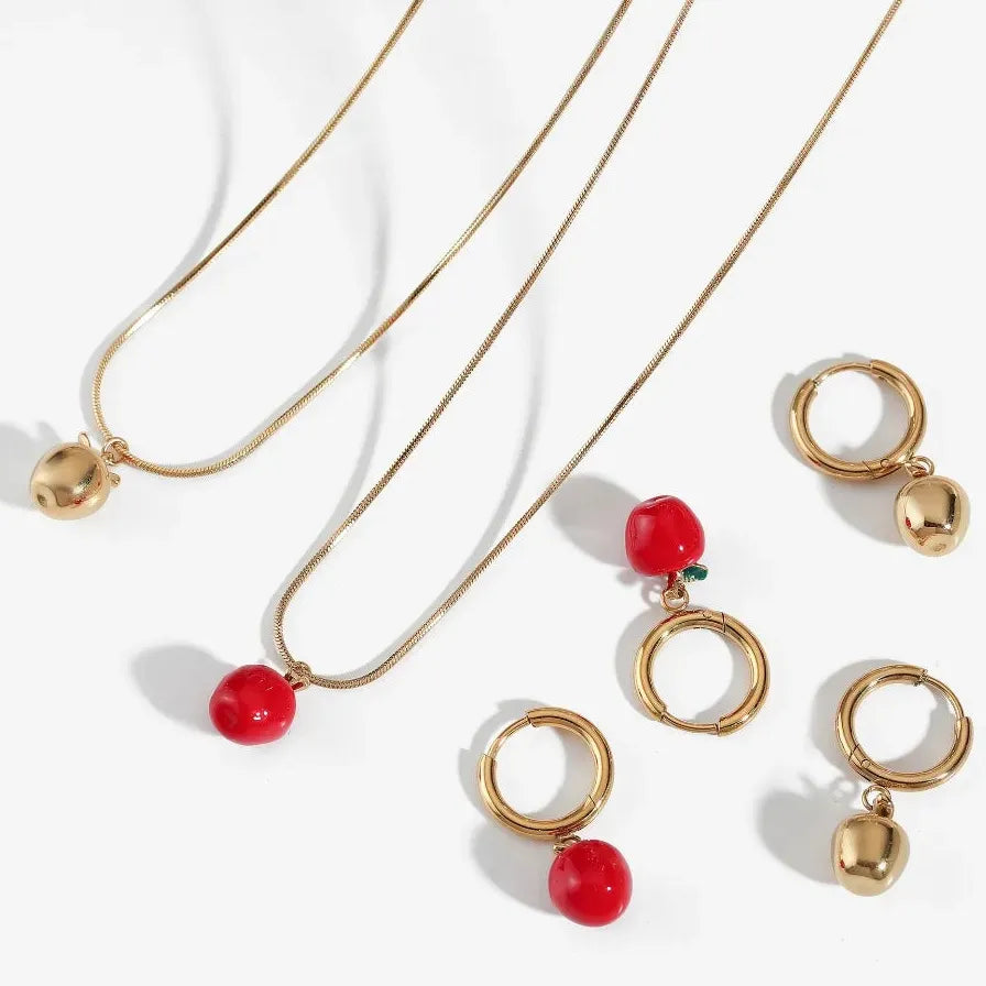 Stainless Steel 18k Gold Red Apple Pendant Geometric Hoop Earrings for Women Girls