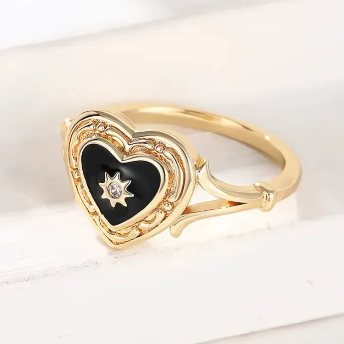 Black Heart Enamel Ring with Sun Design for Women Wedding Party Brass Cubic Zirconia