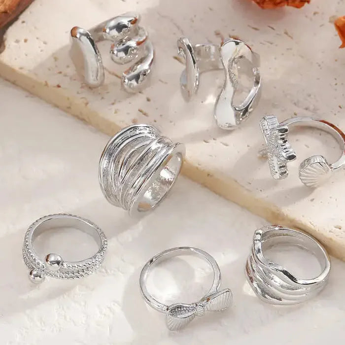 7Pcs Adjustable Geometric Bow Knot Starfish Rings Set Unisex Fashion Jewelry