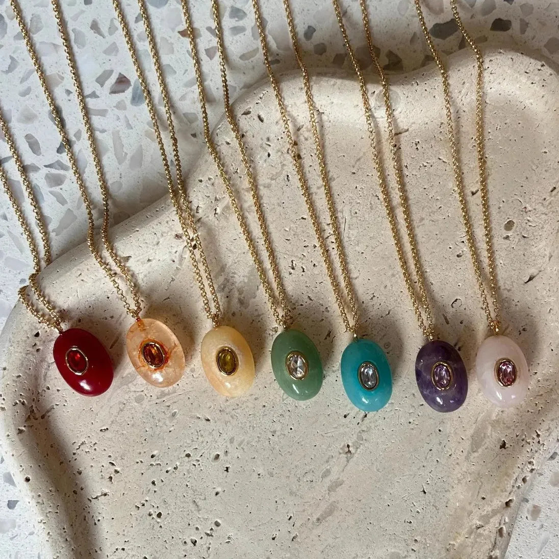 18K Gold Plated Stainless Steel Oval Multicolor Zircon Pendant Necklace Choker