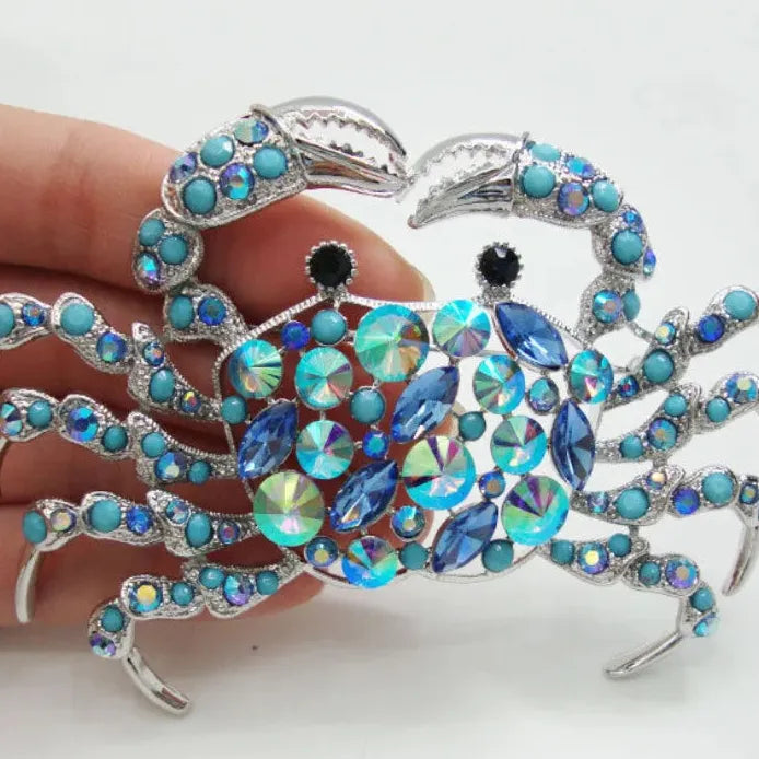 Silver-Tone Crab Brooch Pin with Blue Rhinestone for Women
