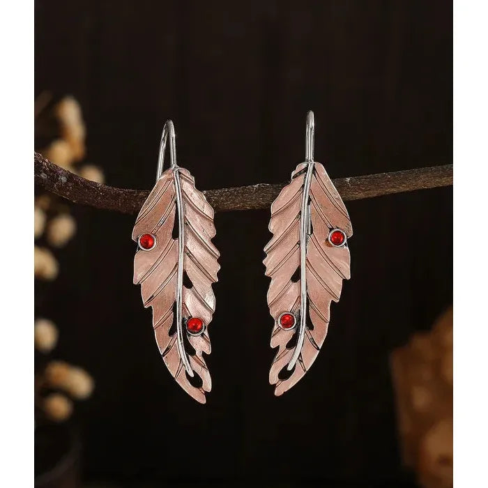 Vintage Metal Geometry Leaf Pendant Earrings with Red Stone Inlay for Women