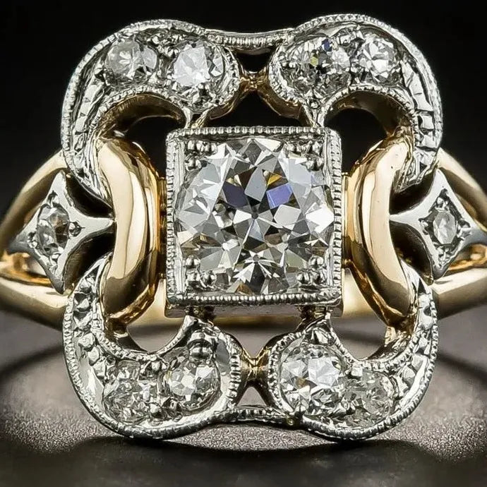 Vintage Copper Zircon Carved Two-Tone Ring Women’s Wedding Festival Jewelry Gift