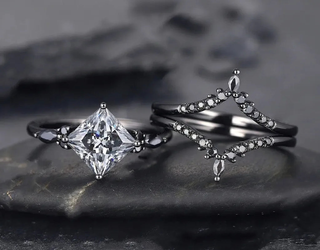 Luxury Retro Gun Plated Black Zinc Alloy Ring Micro Black Zircon Couple Set
