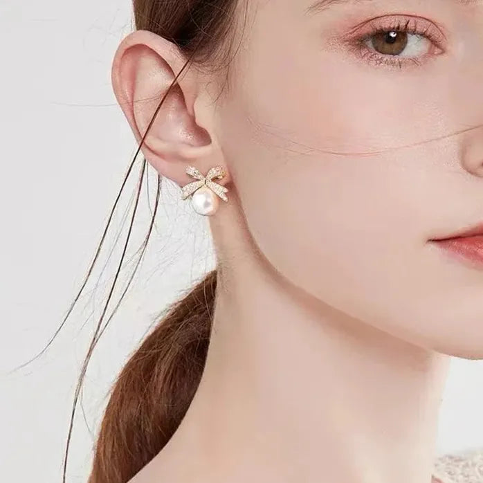 French Elegant Copper Alloy Bowknot Pearl Pendant Drop Earrings 2024 Jewelry Women