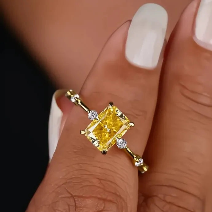Yellow Cubic Zirconia Geometric Gold Color Brass Ring for Women Wedding Band