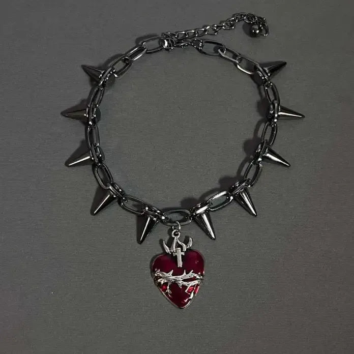 Punk Gothic Red Heart Pendant Necklace Metal Rivet Spike Choker Unisex
