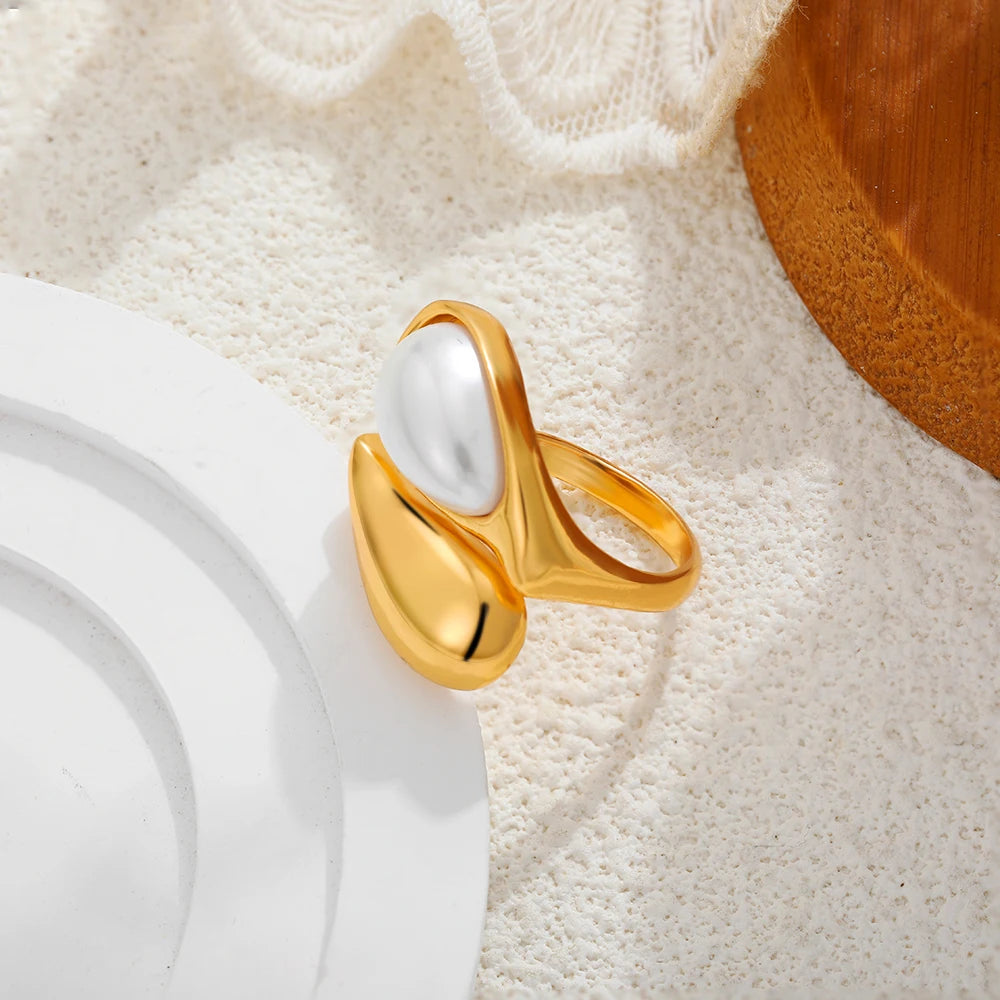 Vintage Dome Teardrop Waterdrop Pearl Ring 18K Gold Plated Stainless Steel Women