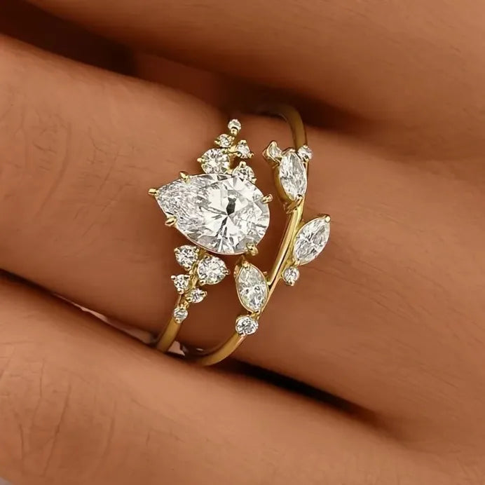 Pear Cubic Zirconia Bridal Wedding Ring Set Gold Tone Elegant Jewelry