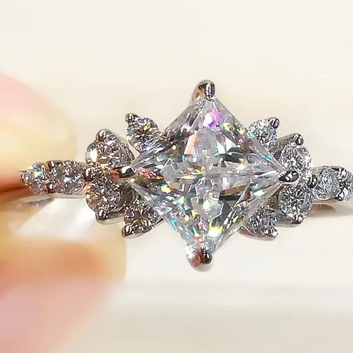 Princess Square CZ Cubic Zirconia Brass Wedding Band Ring for Women Engagement