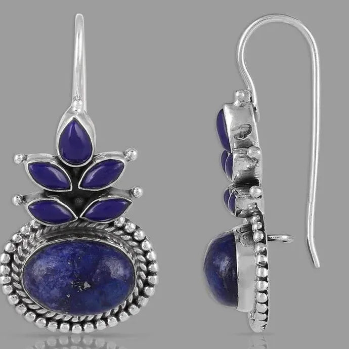 Vintage Ethnic Round Lapis Lazuli Drop Earrings Silver Metal Carving Blue Stone