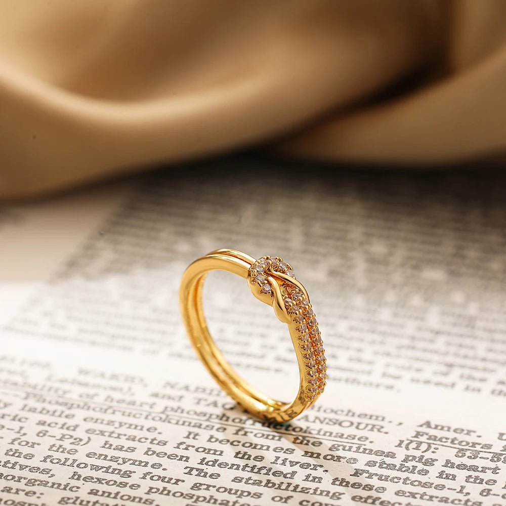 Bilayer Geometric Knot Couple Rings Waterproof Luxury Zircon Bride Engagement Jewelry