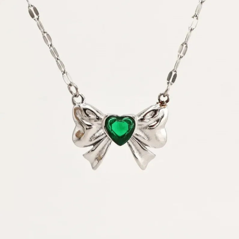 18K Gold Plated Stainless Steel Bow Necklace Women Multicolor Heart Zircon Gift Jewelry