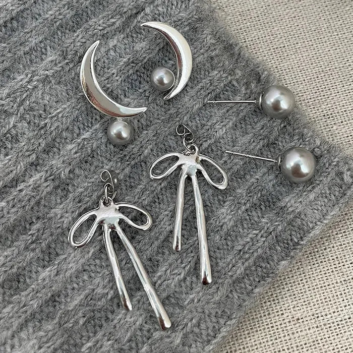 Moon Gray Pearl Stud Earrings Copper Moon Bowknot Jewelry Gift Women