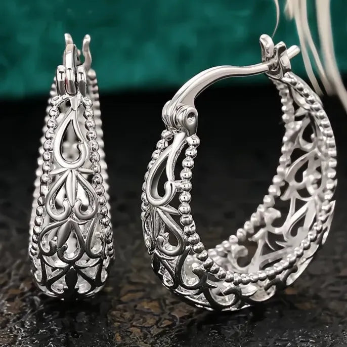 Graceful Hollow-Out Design Metal Hoop Earrings for Women Elegant Anniversary Jewelry Silver Color