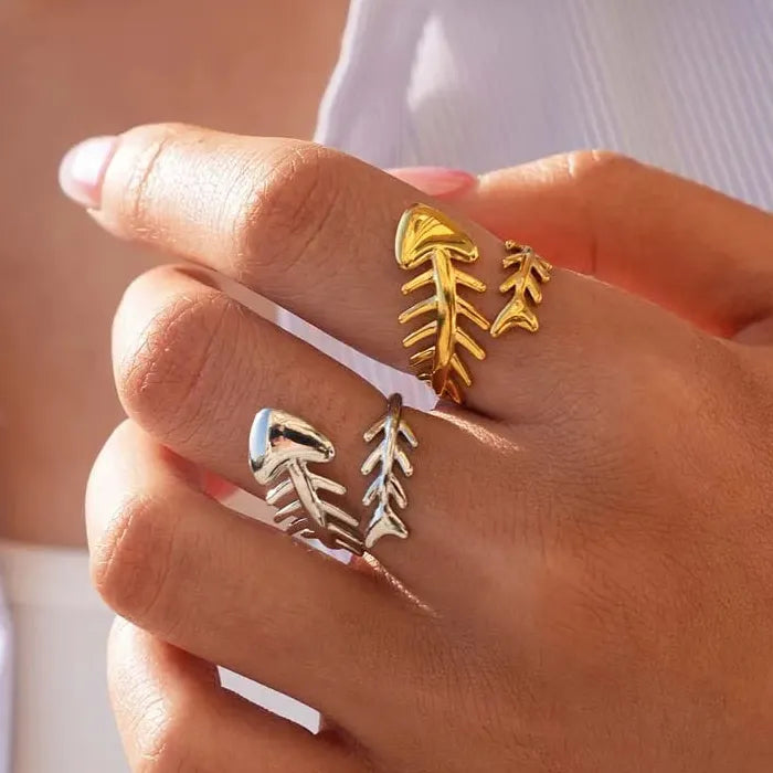 Adjustable Stainless Steel Fish Bone Open Ring for Women Gold Tone Jewelry Symbolic Gift