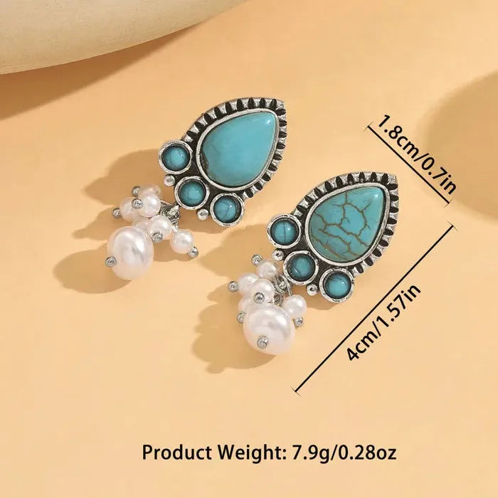 Bohemian Handmade Zinc Alloy Pearl Turquoise Pendant Drop Earrings for Women