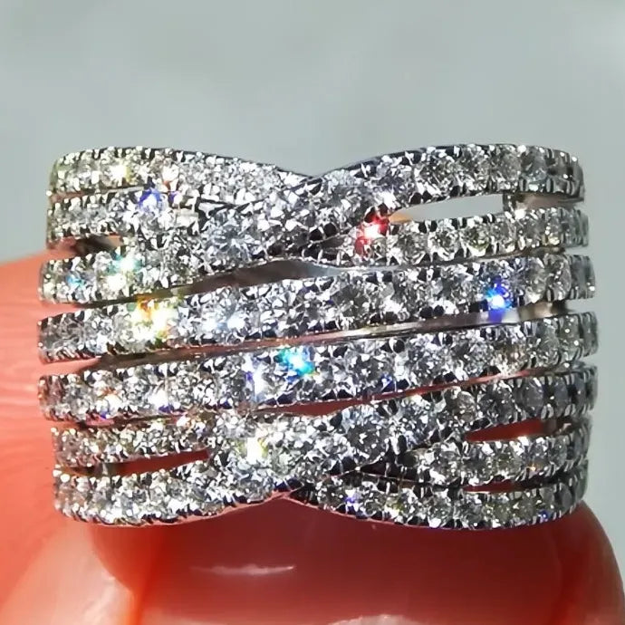 Multi-layer Wide Cross Cocktail Ring Women Silver Cubic Zirconia Jewelry