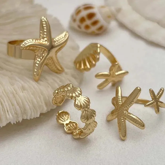 4Pcs Adjustable Gold Starfish Open Rings Beach Party Jewelry Accessories