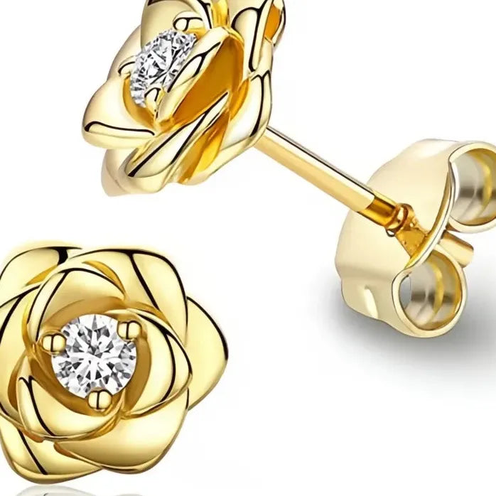 Rose Flower Stud Earrings for Women Cubic Zirconia 4 Metal Colors