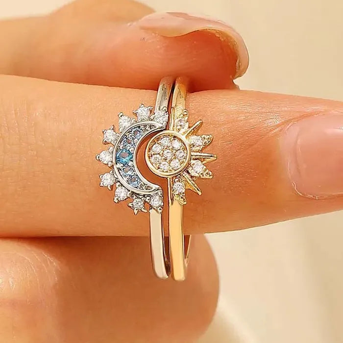 2Pcs Women’s Moon Sun Star Crystal Rings Copper Wedding Jewelry Gift Set