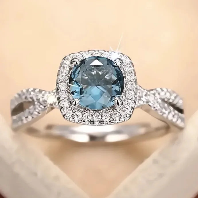 Women Silver Brass Ring with Blue CZ Cubic Zirconia for Party Wedding Jewelry