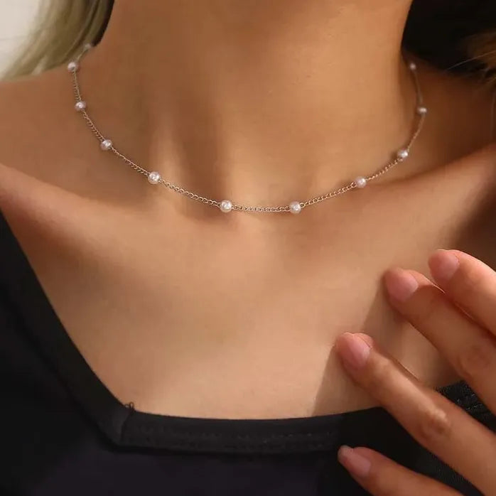 Kpop White Imitation Pearl Choker Necklace & Bracelet Set Silver Bridal Jewelry