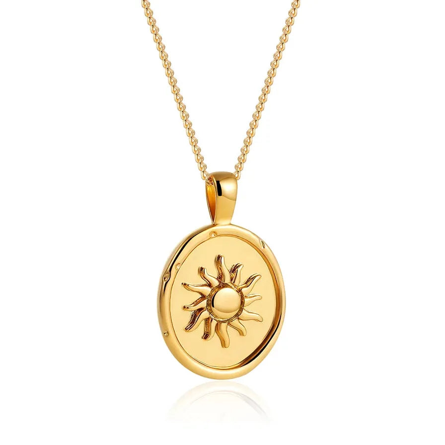18K Gold Plated Oval Sun Star Pendant Necklace for Women Hypoallergenic Choker Stainless Steel