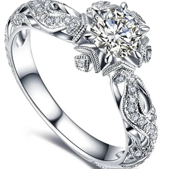 Silver Color Zinc Alloy Women’s Fashion Ring Inlaid Round Flower Stones Wedding Engagement Jewelry