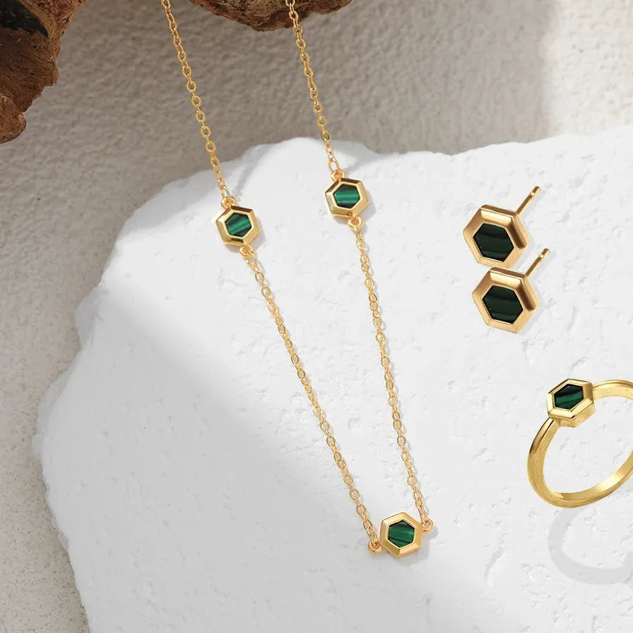 2026 Natural Stone Turquoise Geometric Stud Earrings 18K Gold Plated Waterproof Jewelry
