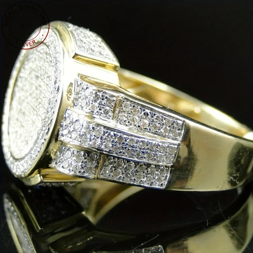 Men’s Iced Out Round Pinky Ring 925 Sterling Silver Gold Plated Hip Hop