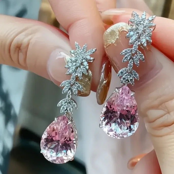 Elegant Women Geometric Drop Earrings Copper Alloy Pink Pear Cubic Zirconia