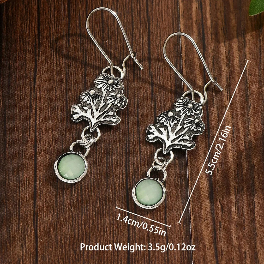 Vintage Silver Oval Green Stone Dangle Earrings Ethnic Metal Carving Jewelry for Women