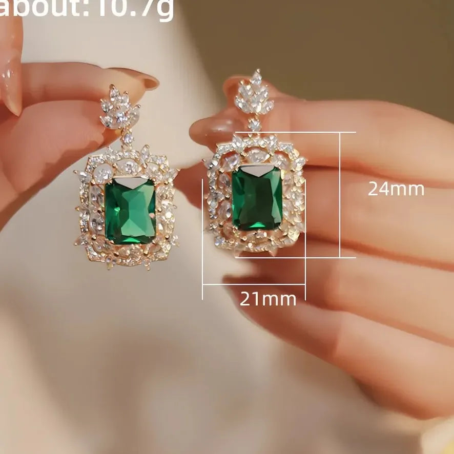 Green Cubic Zirconia Geometric Drop Earrings Luxury Wedding Jewelry for Women